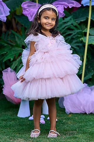 Baby Pink Soft Butterfly Net Hand Embroidered Dress For Girls by ARANI LABEL