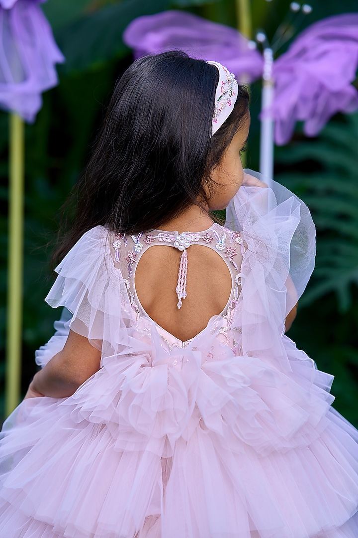Baby Pink Soft Butterfly Net Hand Embroidered Dress For Girls by ARANI LABEL at Pernia's Pop Up Shop