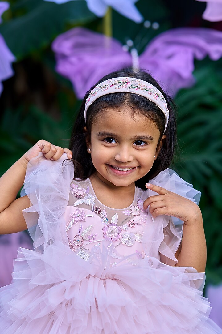 Baby Pink Soft Butterfly Net Hand Embroidered Dress For Girls by ARANI LABEL at Pernia's Pop Up Shop
