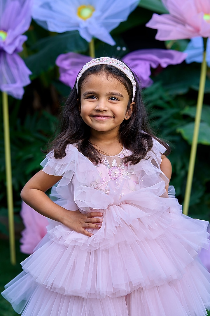 Baby Pink Soft Butterfly Net Hand Embroidered Dress For Girls by ARANI LABEL at Pernia's Pop Up Shop
