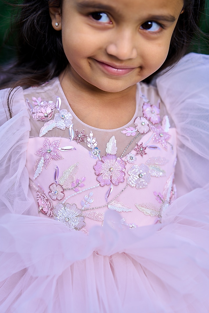 Baby Pink Soft Butterfly Net Hand Embroidered Dress For Girls by ARANI LABEL at Pernia's Pop Up Shop