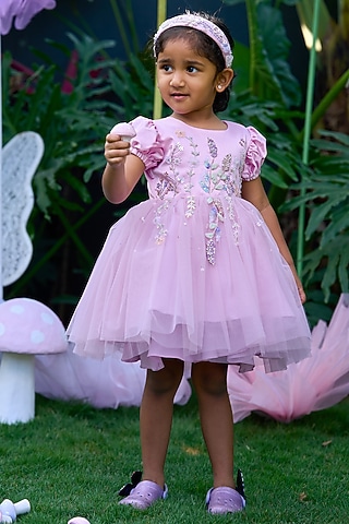 Lavender Pink Soft Butterfly Net Embroidered Dress For Girls by ARANI LABEL