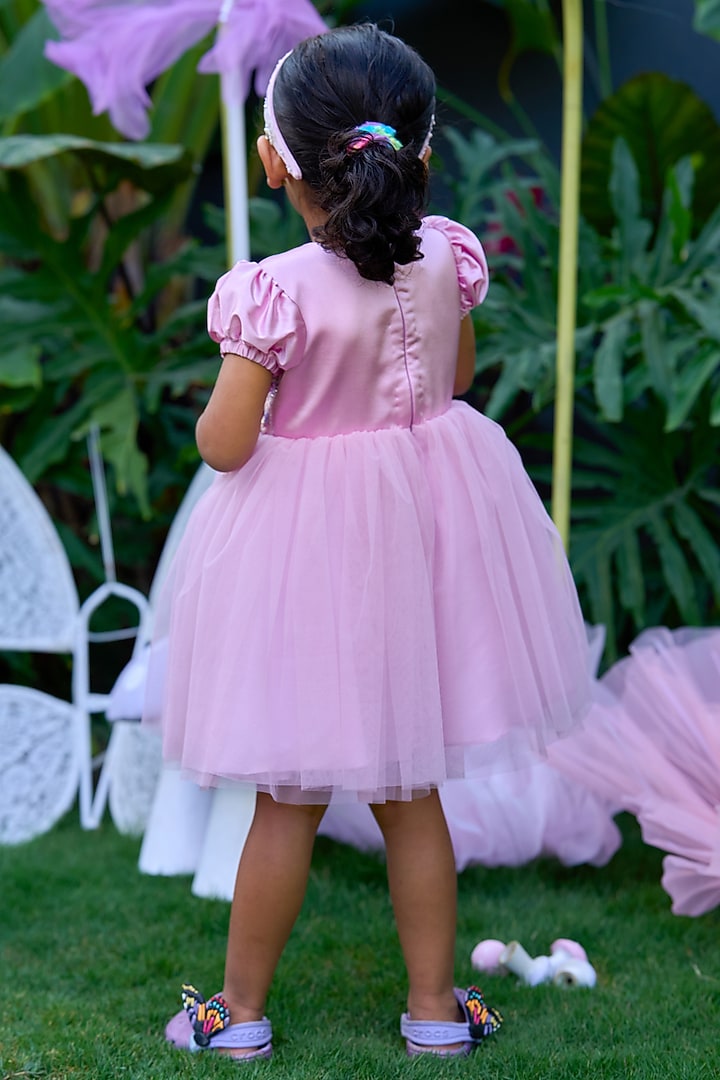 Lavender Pink Soft Butterfly Net Embroidered Dress For Girls by ARANI LABEL at Pernia's Pop Up Shop