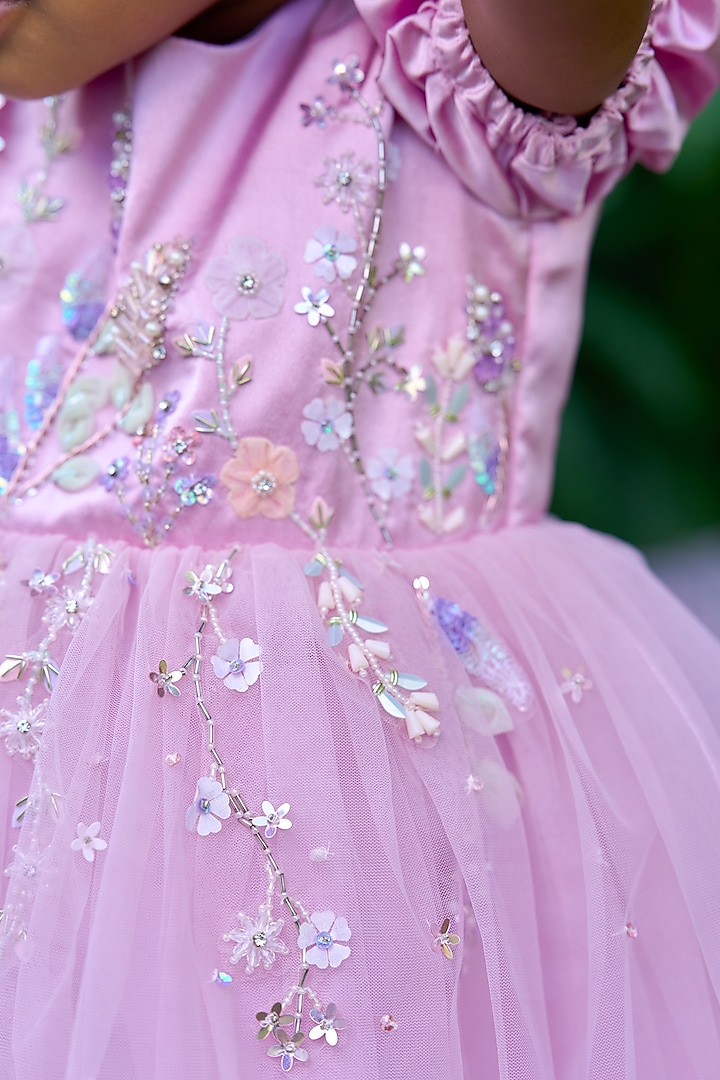 Lavender Pink Soft Butterfly Net Embroidered Dress For Girls by ARANI LABEL at Pernia's Pop Up Shop