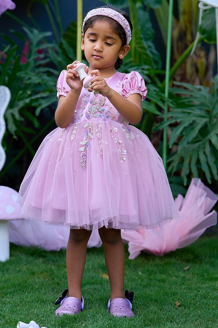 Lavender Pink Soft Butterfly Net Embroidered Dress For Girls by ARANI LABEL at Pernia's Pop Up Shop