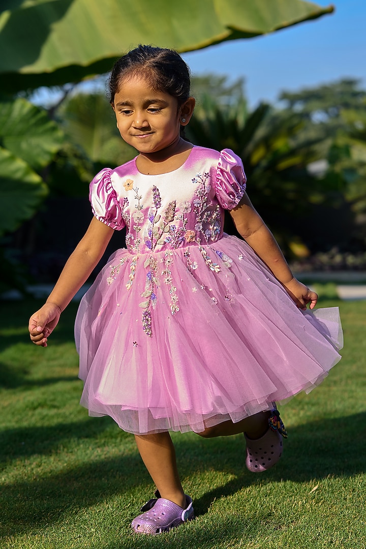 Lavender Pink Soft Butterfly Net Embroidered Dress For Girls by ARANI LABEL at Pernia's Pop Up Shop