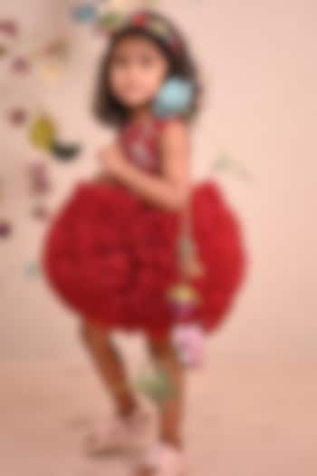 Red & Burgundy Soft Butterfly Net Embroidered Dress For Girls by ARANI LABEL at Pernia's Pop Up Shop