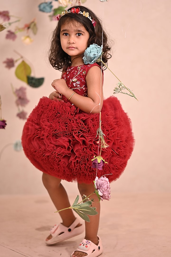 Red & Burgundy Soft Butterfly Net Embroidered Dress For Girls by ARANI LABEL at Pernia's Pop Up Shop