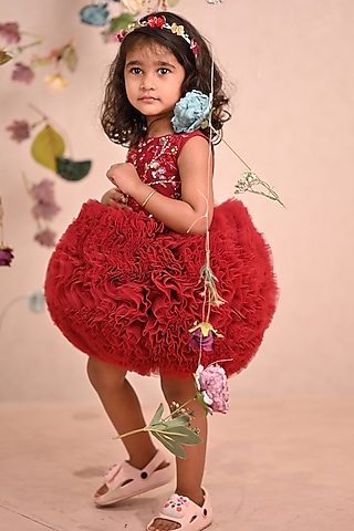 Red & Burgundy Soft Butterfly Net Embroidered Dress For Girls by ARANI LABEL