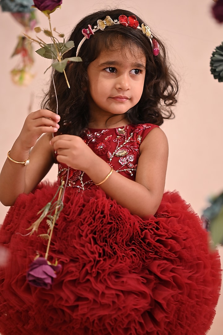 Red & Burgundy Soft Butterfly Net Embroidered Dress For Girls by ARANI LABEL at Pernia's Pop Up Shop