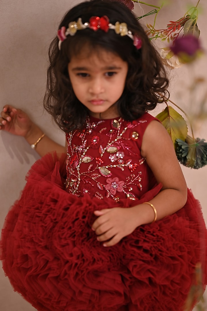 Red & Burgundy Soft Butterfly Net Embroidered Dress For Girls by ARANI LABEL at Pernia's Pop Up Shop