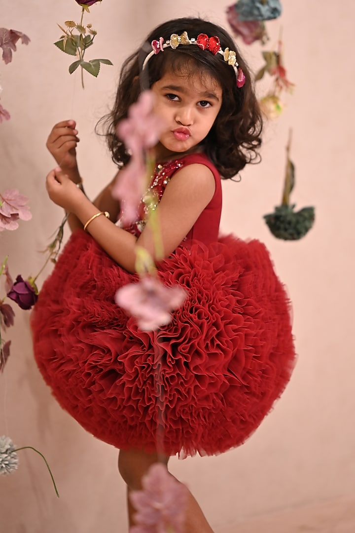 Red & Burgundy Soft Butterfly Net Embroidered Dress For Girls by ARANI LABEL at Pernia's Pop Up Shop