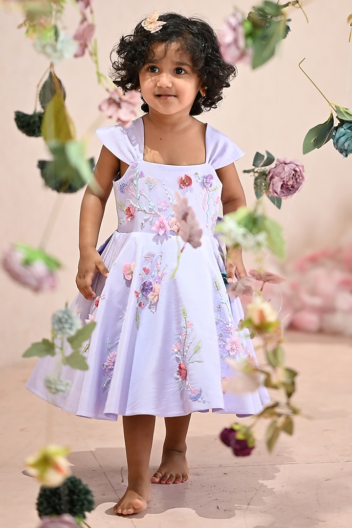 Purple Soft Butterfly Net Embroidered Dress For Girls by ARANI LABEL at Pernia's Pop Up Shop