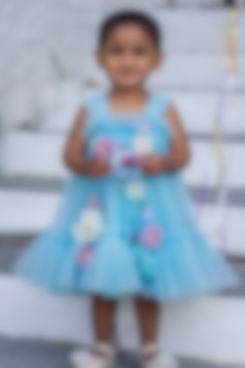 Sky Blue Soft Butterfly Net 3D Floral Embroidered Dress For Girls by ARANI LABEL at Pernia's Pop Up Shop
