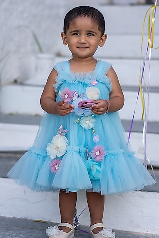 Sky Blue Soft Butterfly Net 3D Floral Embroidered Dress For Girls by ARANI LABEL