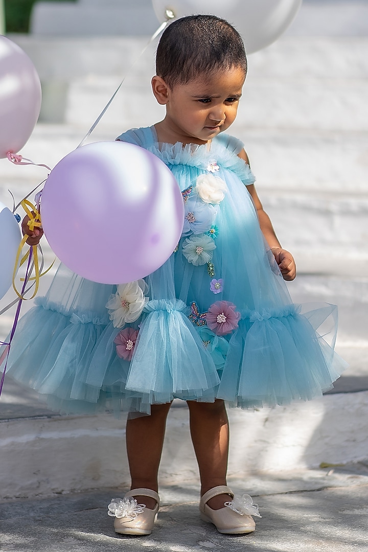 Sky Blue Soft Butterfly Net 3D Floral Embroidered Dress For Girls by ARANI  LABEL at Pernia's Pop Up Shop 2026
