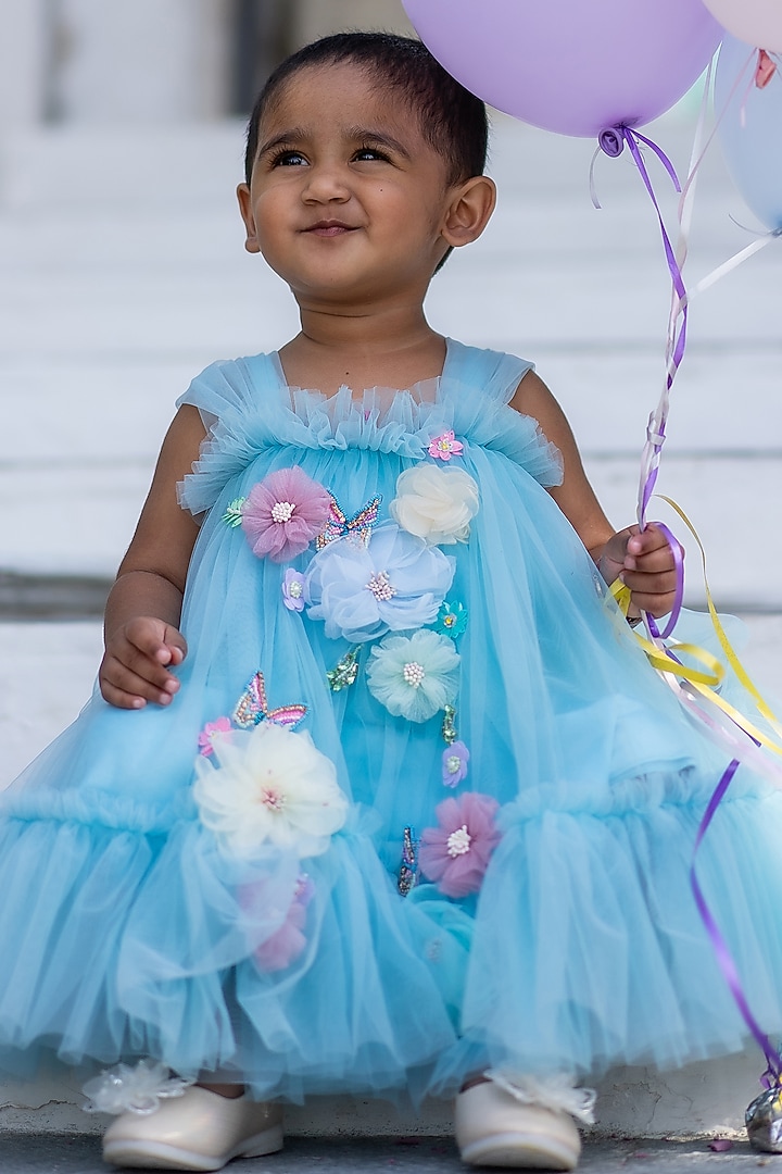 Sky Blue Soft Butterfly Net 3D Floral Embroidered Dress For Girls by ARANI LABEL at Pernia's Pop Up Shop