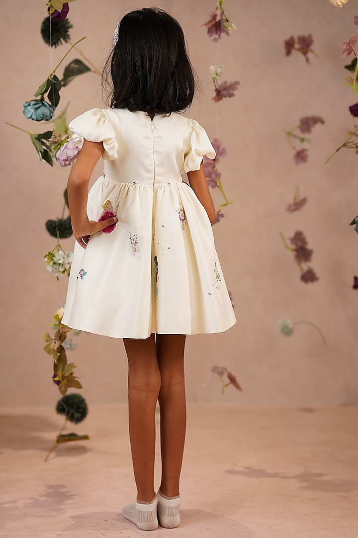 Off-White Taffeta Satin Hand Embroidered Dress For Girls by ARANI LABEL at Pernia's Pop Up Shop