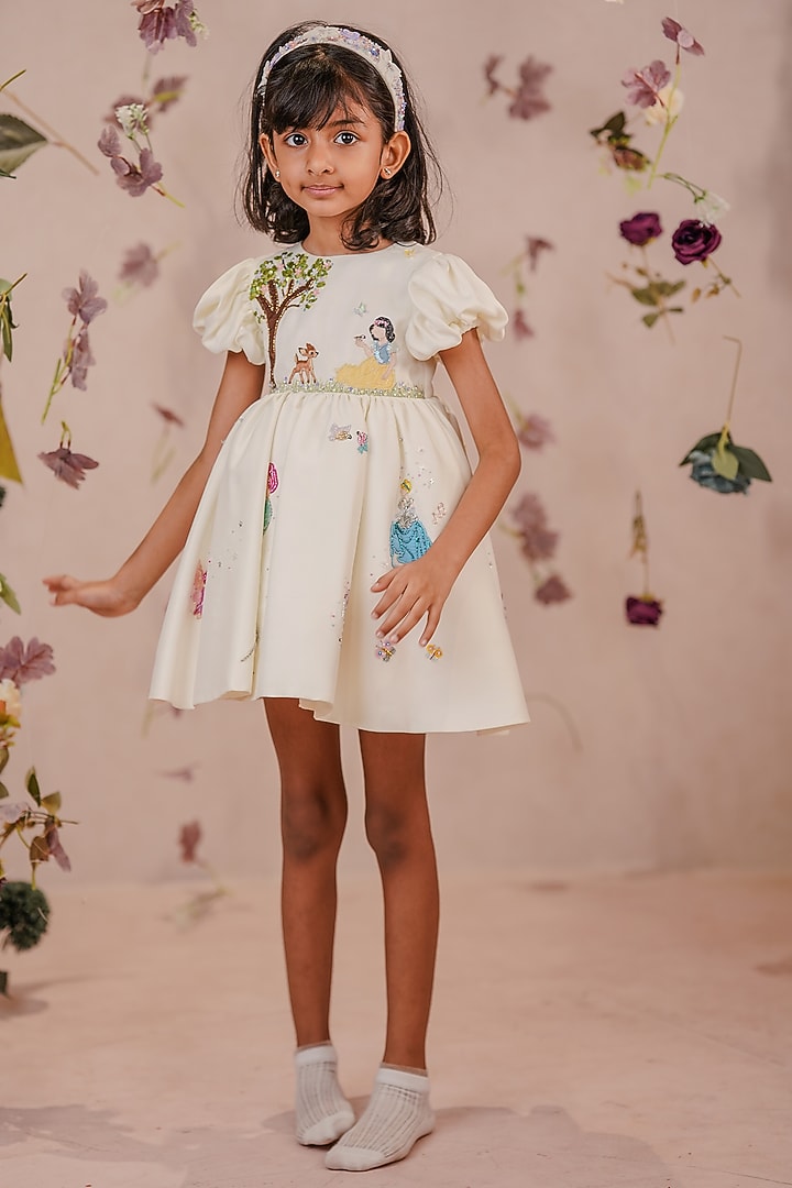 Off-White Taffeta Satin Hand Embroidered Dress For Girls by ARANI LABEL at Pernia's Pop Up Shop