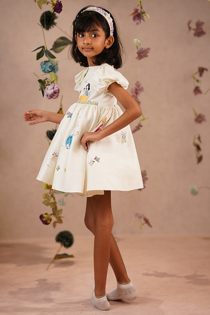 Off-White Taffeta Satin Hand Embroidered Dress For Girls by ARANI LABEL at Pernia's Pop Up Shop