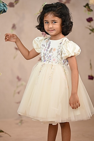 Off-White Taffeta Satin Hand Embroidered Dress For Girls by ARANI LABEL