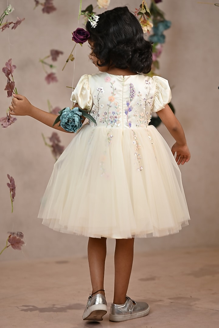 Off-White Taffeta Satin Hand Embroidered Dress For Girls by ARANI LABEL at Pernia's Pop Up Shop
