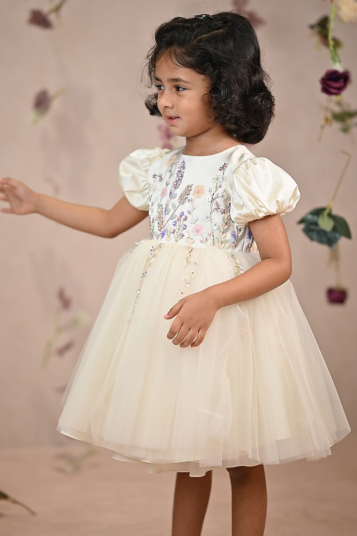 Off-White Taffeta Satin Hand Embroidered Dress For Girls by ARANI LABEL at Pernia's Pop Up Shop