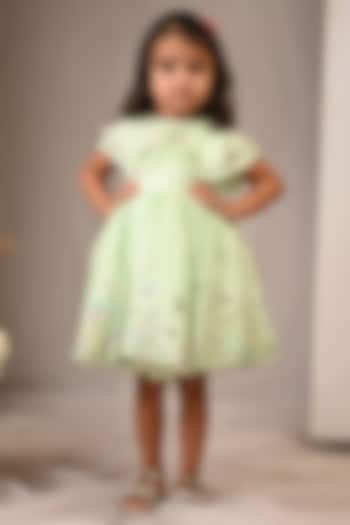 Pastel Green Viscose Satin & Organza Hand Embroidered Dress For Girls by ARANI LABEL at Pernia's Pop Up Shop