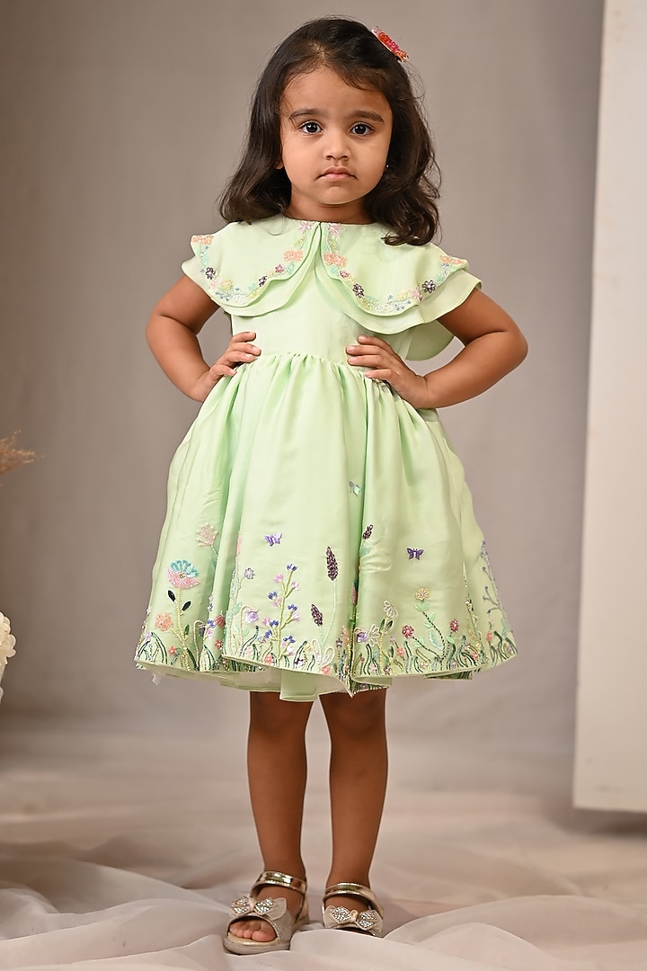 Pastel Green Viscose Satin & Organza Hand Embroidered Dress For Girls by ARANI LABEL at Pernia's Pop Up Shop