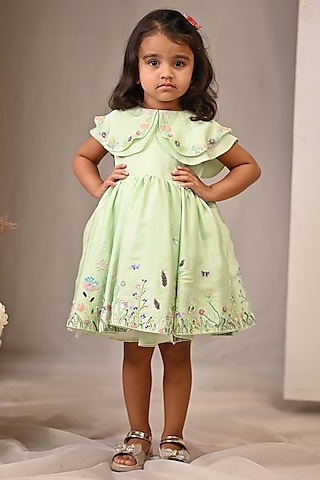 Pastel Green Viscose Satin & Organza Hand Embroidered Dress For Girls by ARANI LABEL