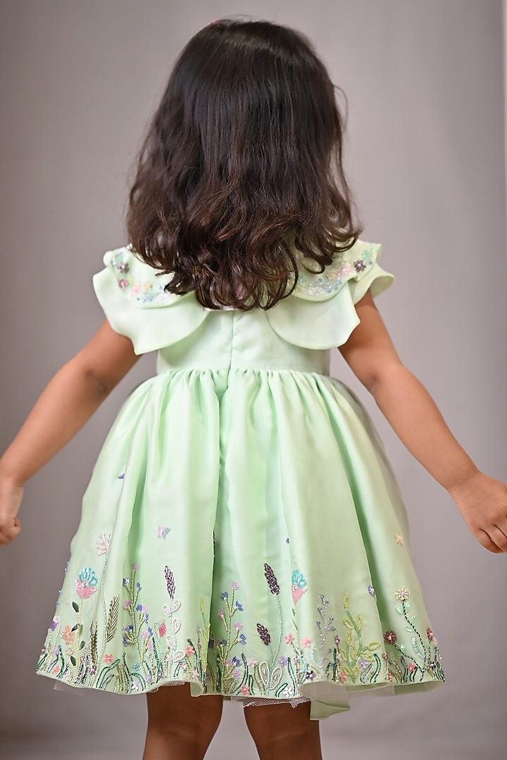 Pastel Green Viscose Satin & Organza Hand Embroidered Dress For Girls by ARANI LABEL at Pernia's Pop Up Shop