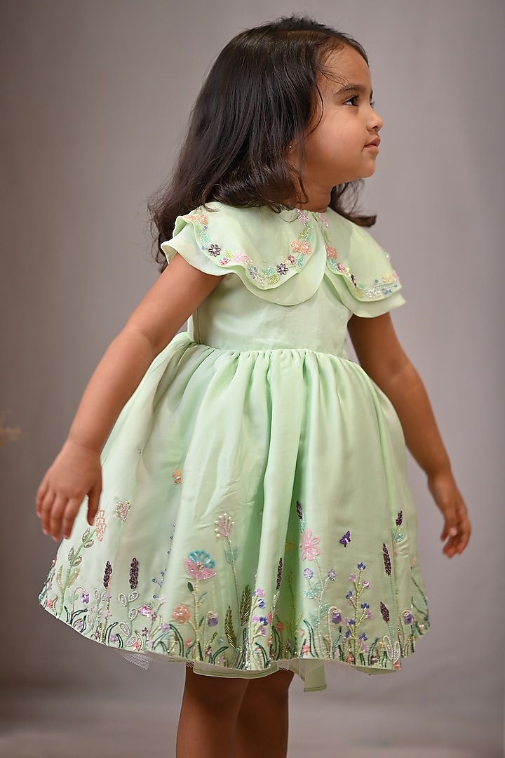 Pastel Green Viscose Satin & Organza Hand Embroidered Dress For Girls by ARANI LABEL at Pernia's Pop Up Shop