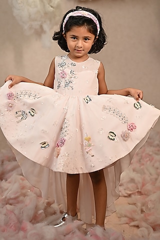 Light Pink Viscose Organza Hand Embroidered Dress For Girls by ARANI LABEL