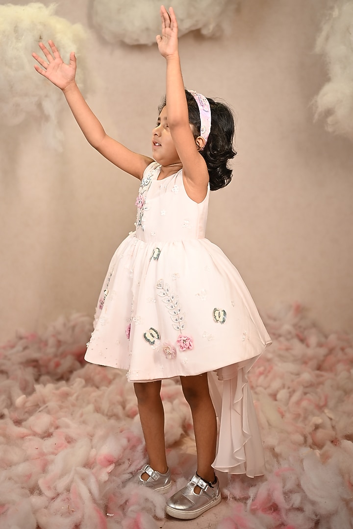 Light Pink Viscose Organza Hand Embroidered Dress For Girls by ARANI LABEL at Pernia's Pop Up Shop