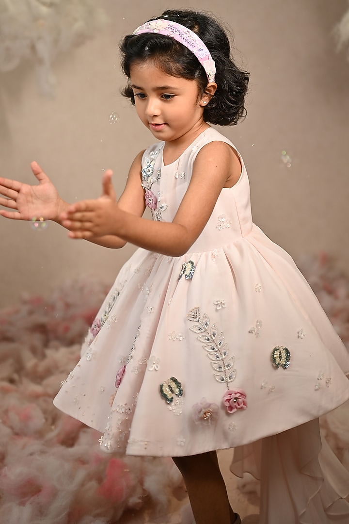 Light Pink Viscose Organza Hand Embroidered Dress For Girls by ARANI LABEL at Pernia's Pop Up Shop