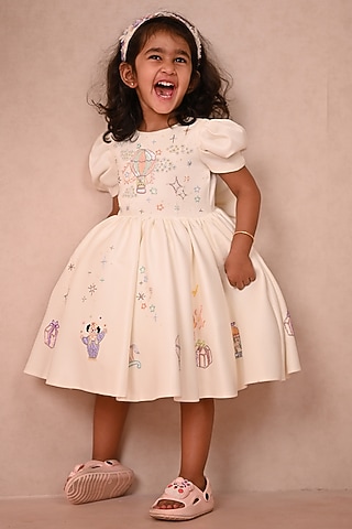 Off-White Crepe Satin Hand Embroidered Dress For Girls by ARANI LABEL