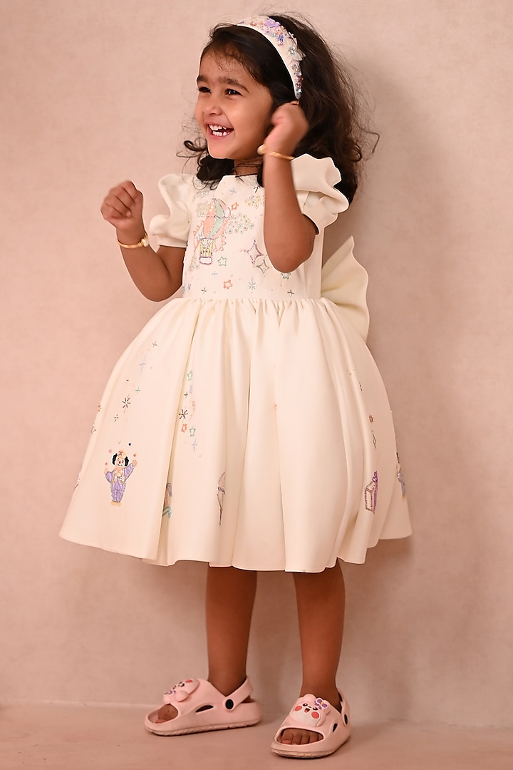 Off-White Crepe Satin Hand Embroidered Dress For Girls by ARANI LABEL at Pernia's Pop Up Shop
