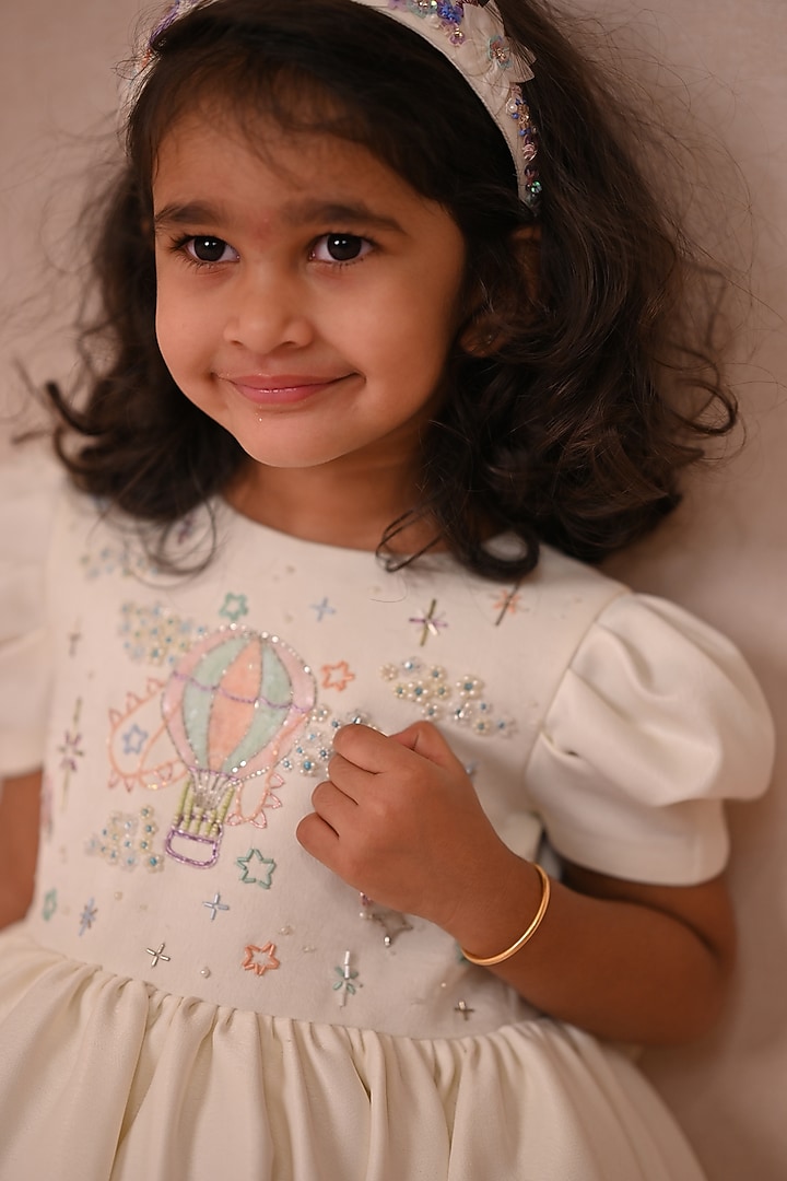 Off-White Crepe Satin Hand Embroidered Dress For Girls by ARANI LABEL at Pernia's Pop Up Shop