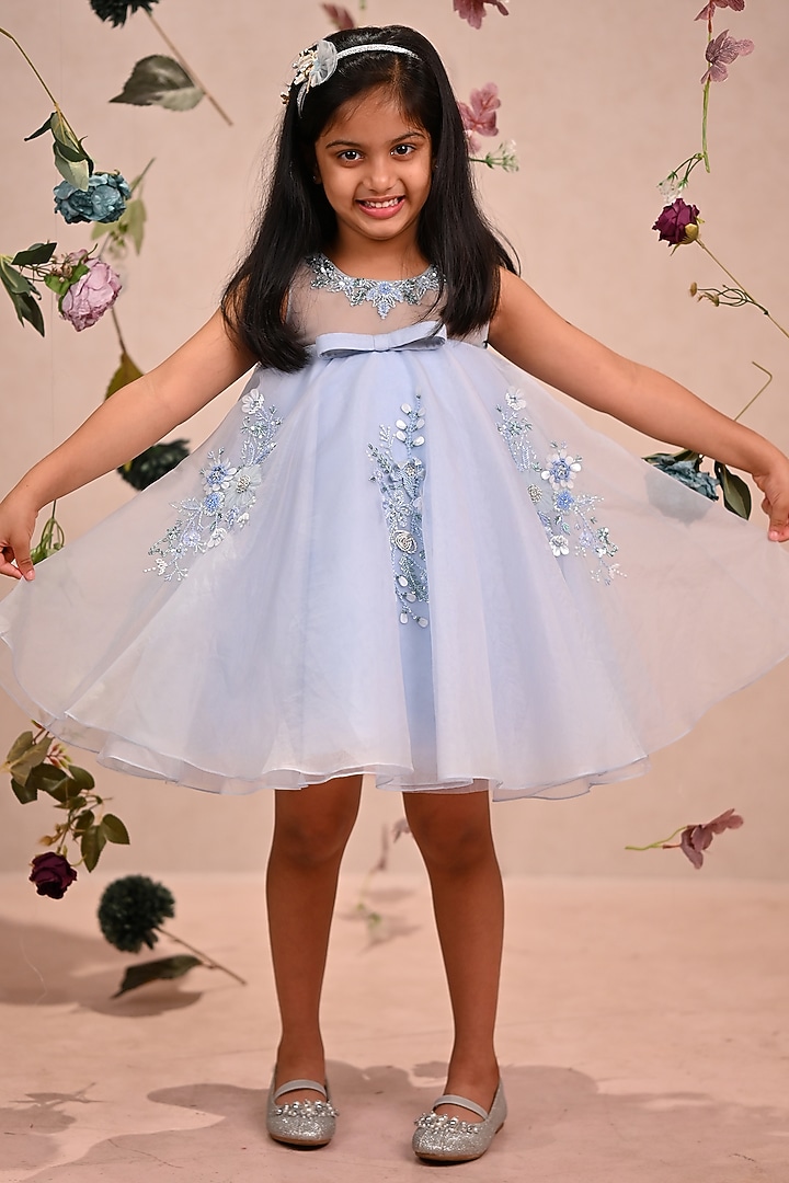 Blue Viscose Organza Hand Embroidered Dress For Girls by ARANI LABEL at Pernia's Pop Up Shop