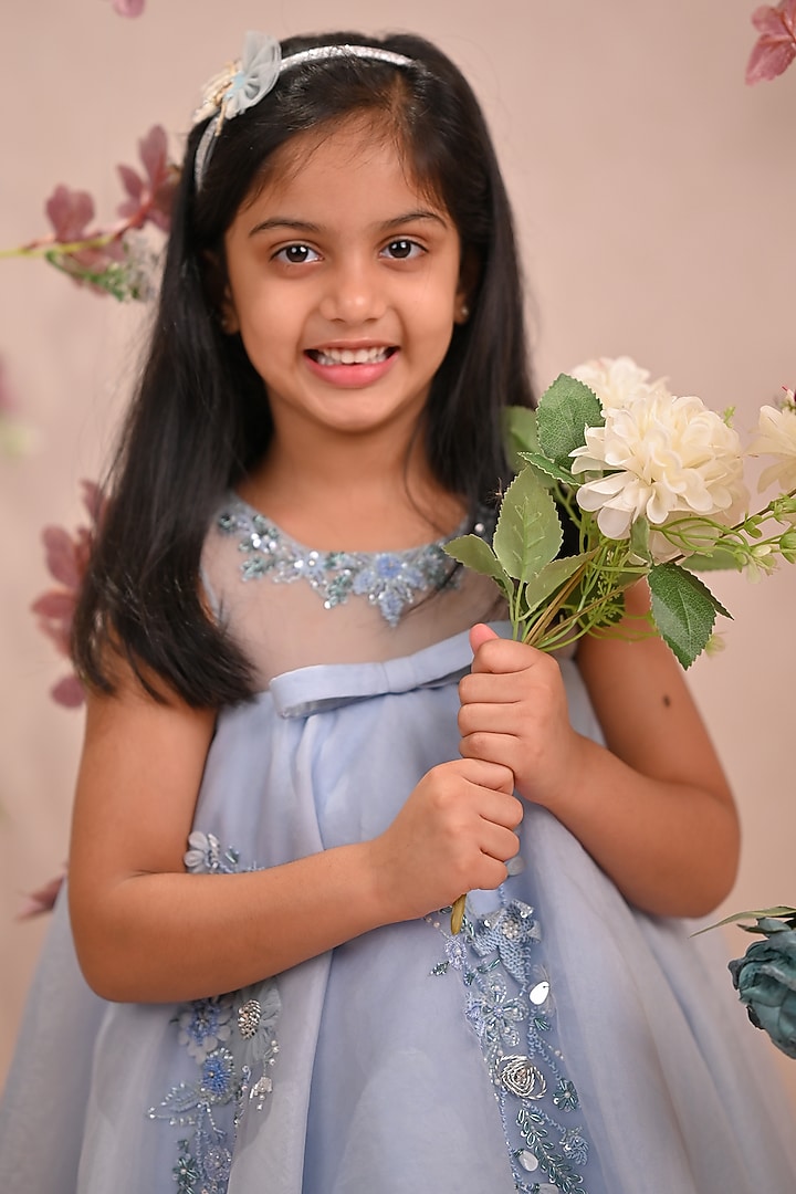 Blue Viscose Organza Hand Embroidered Dress For Girls by ARANI LABEL at Pernia's Pop Up Shop