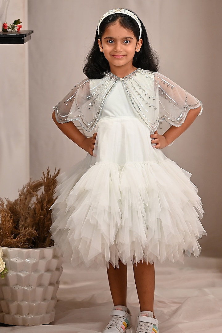 Pastel Aqua Green Soft Butterfly Net Hand Embroidered Cape Dress For Girls by ARANI LABEL at Pernia's Pop Up Shop