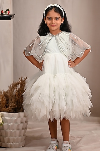 Pastel Aqua Green Soft Butterfly Net Hand Embroidered Cape Dress For Girls by ARANI LABEL