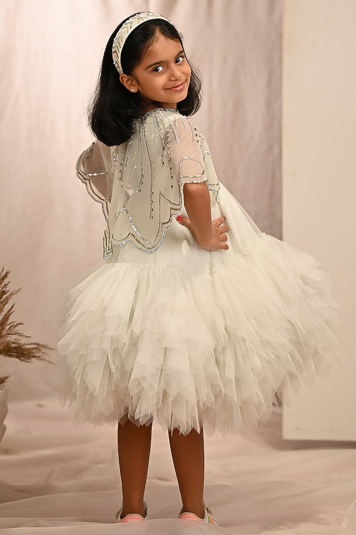 Pastel Aqua Green Soft Butterfly Net Hand Embroidered Cape Dress For Girls by ARANI LABEL at Pernia's Pop Up Shop