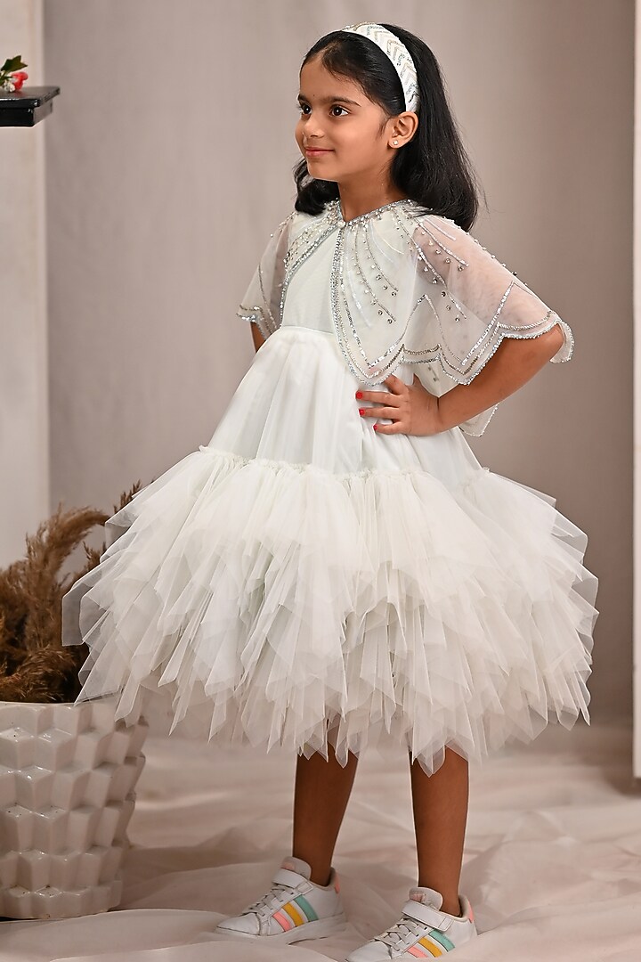 Pastel Aqua Green Soft Butterfly Net Hand Embroidered Cape Dress For Girls by ARANI LABEL at Pernia's Pop Up Shop