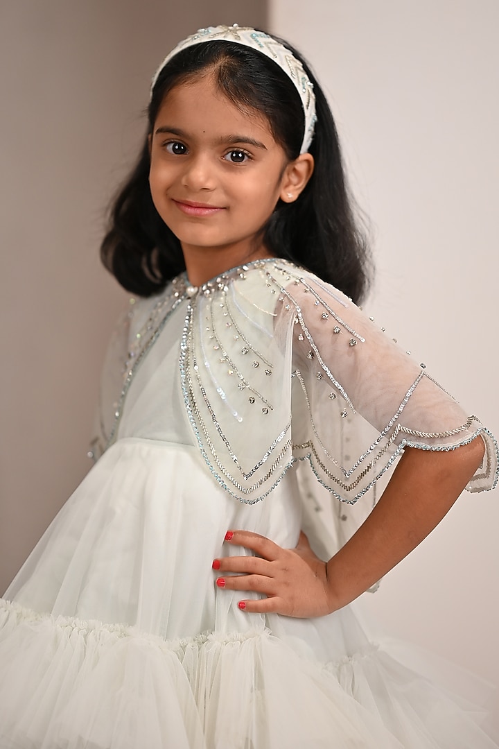 Pastel Aqua Green Soft Butterfly Net Hand Embroidered Cape Dress For Girls by ARANI LABEL at Pernia's Pop Up Shop