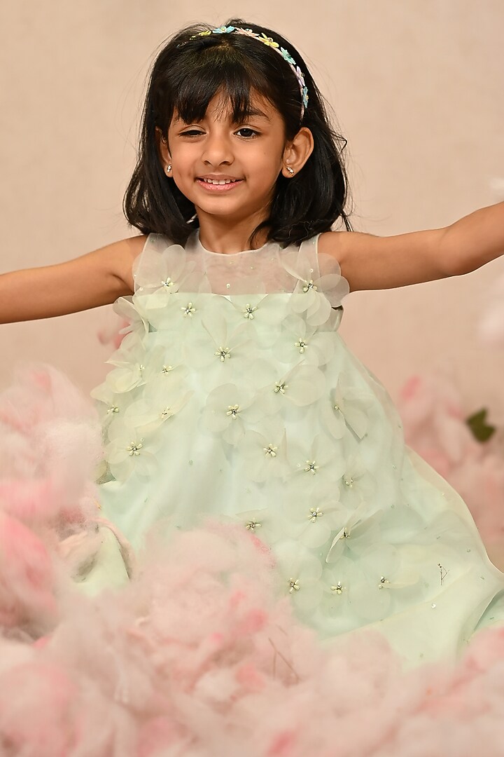 Pastel Green Viscose Organza Embroidered Dress For Girls by ARANI LABEL at Pernia's Pop Up Shop