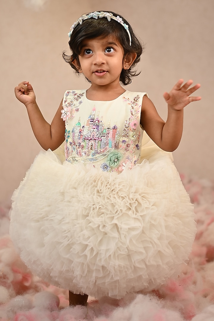 Off-White Soft Butterfly Net Hand Embroidered Dress For Girls by ARANI LABEL at Pernia's Pop Up Shop