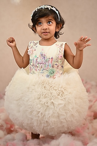Off-White Soft Butterfly Net Hand Embroidered Dress For Girls by ARANI LABEL