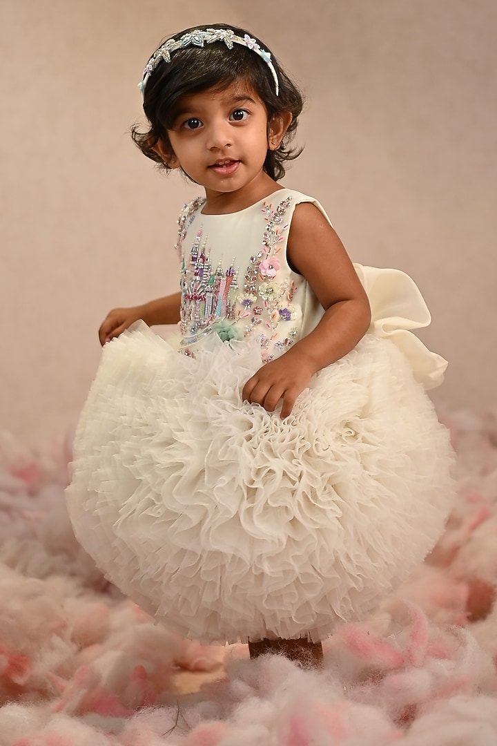 Off-White Soft Butterfly Net Hand Embroidered Dress For Girls by ARANI LABEL at Pernia's Pop Up Shop