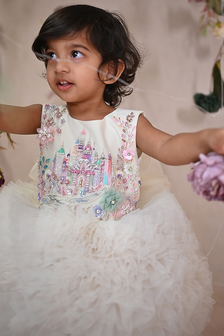 Off-White Soft Butterfly Net Hand Embroidered Dress For Girls by ARANI LABEL at Pernia's Pop Up Shop